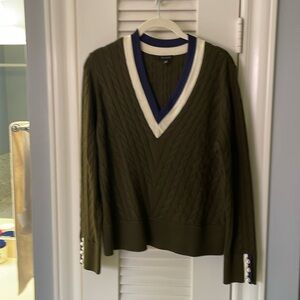 Talbots green cable knit v neck sweater with blue and white ribbon neckline
